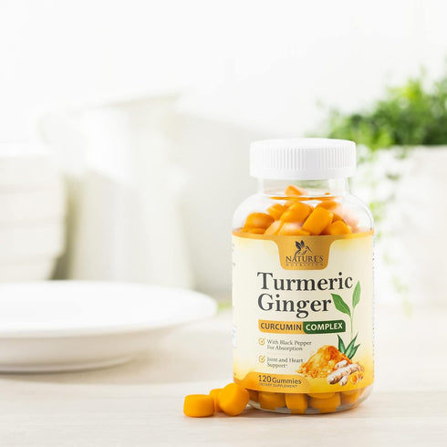 Turmeric Curcumin & Ginger Gummies 95% Curcuminoids with Black Pepper Extract for Max Absorption Joint Support, Nature's Tumeric Herbal Extract Su...