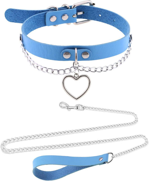2Pcs Love Heart Charm Soft Blue Faux Leather Collar and Leash Chain Set for Women Pet Sexy Cute Cosplay Toys Gift...