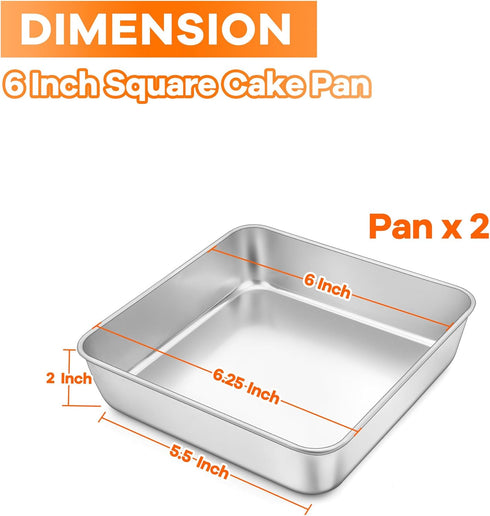 TeamFar 6 Inch Square Cake Pan, Stainless Steel Square Baking Pan for Lasagna Cake Brownie, Healthy & Heavy Duty, Dishwasher Safe & Easy Clean, Br...