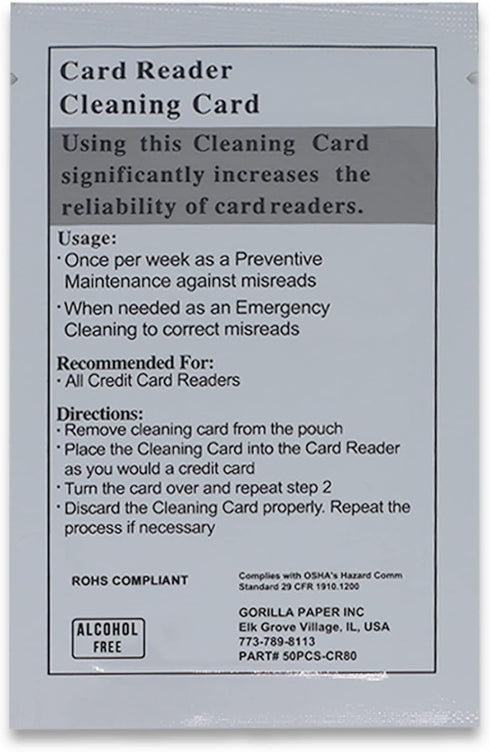 GORILLA SUPPLY Credit Card Cleaning Cards, Dual Side Card Reader Cleaner, POS Terminal Magnetic Head Pre-Saturated Swipe Alcohol-Free CR80 (50 Car...