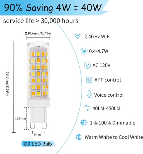 I-SHUNFA Wi-Fi Smart G9 LED Bulbs,Compatible with Alexa/Google Assistant, Dimmable,Warm White to Cool White, Brightness Adjustable 1%-100% 120V,0....