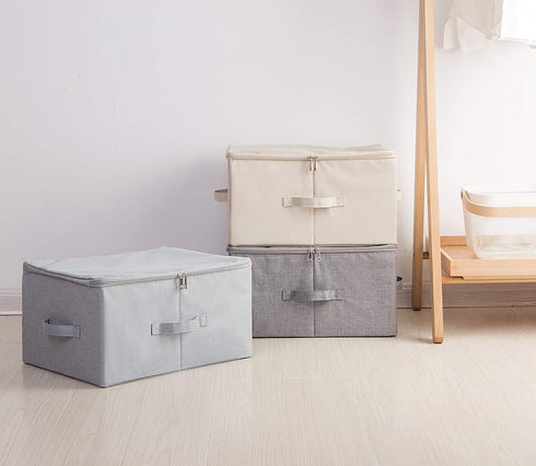 Folding Storage Box with Zip Lid and Handles, Rigid Storage Baskets With Linen Fabric& Plastic Board, Closet Shelf Drawers,Dark Gray, 2 pcs...