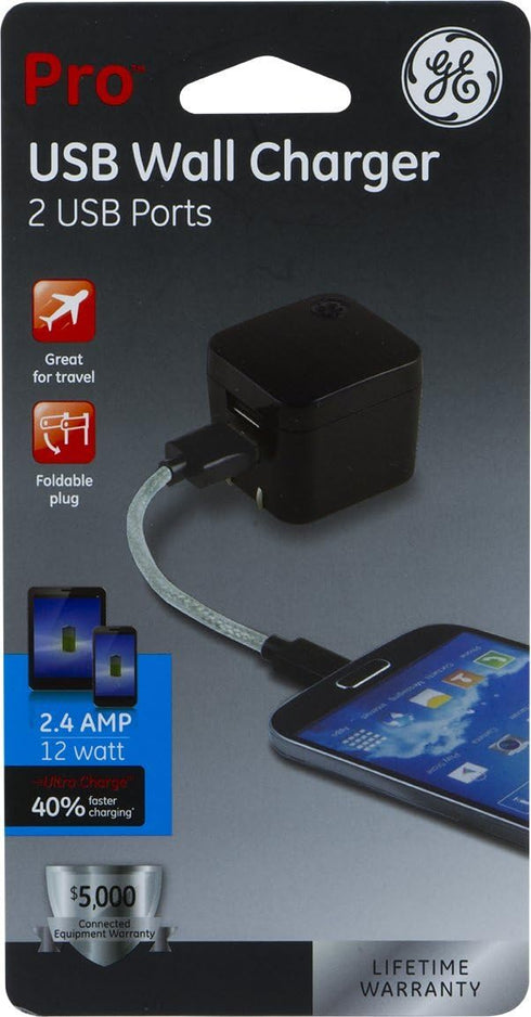 GE Pro Wall Charger, 12-Watt, Rapid Charge, Foldable Plug, Compatible with iPhone 15/Pro,Max/14/13, iPad Air/Pro, Samsung Galaxy S23/22, Google Pi...