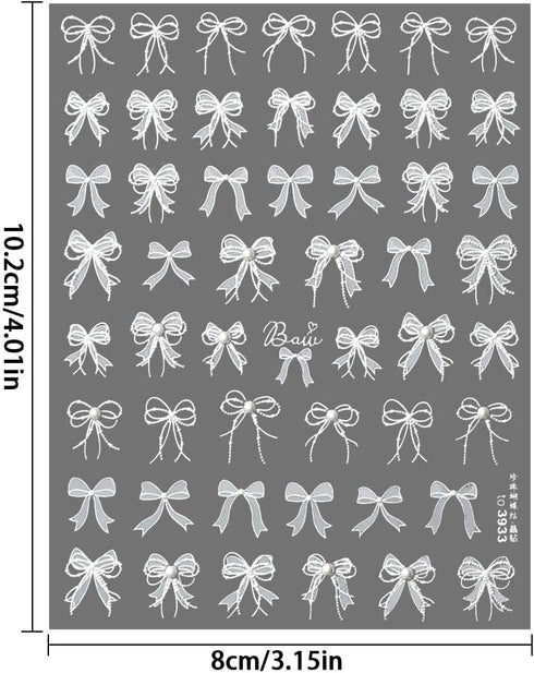 5D Embossed White Lace Bowknot Nail Art Stickers Pearl Bow Nail Stickers for Nail Art Supplies Retro Relief Bow Nail Decals Self-sdhsive Bow Stick...