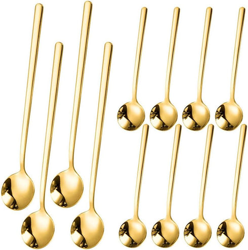 Gold Espresso Spoons, 4PCS 7.9 Inch Long Handle Spoons with 8PCS 5.3 Inch Mini Coffee Spoons, Stainless Steel Teaspoons Stirring Spoons for Coffee...