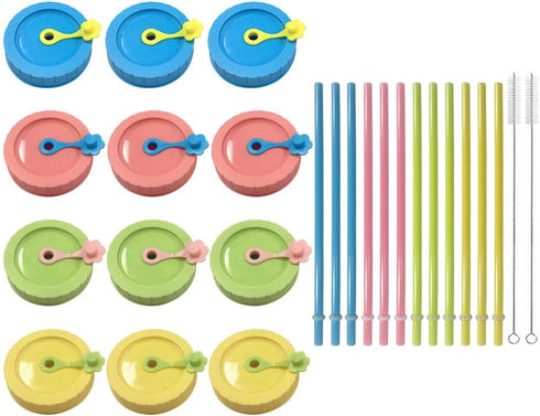 Mason Jar Lids,Regular mouth canning lids,Plastic Regular Mouth Mason Canning Lids with Straw Hole/Plastic Straws/Silicone Stoppers/Silicone Rings...