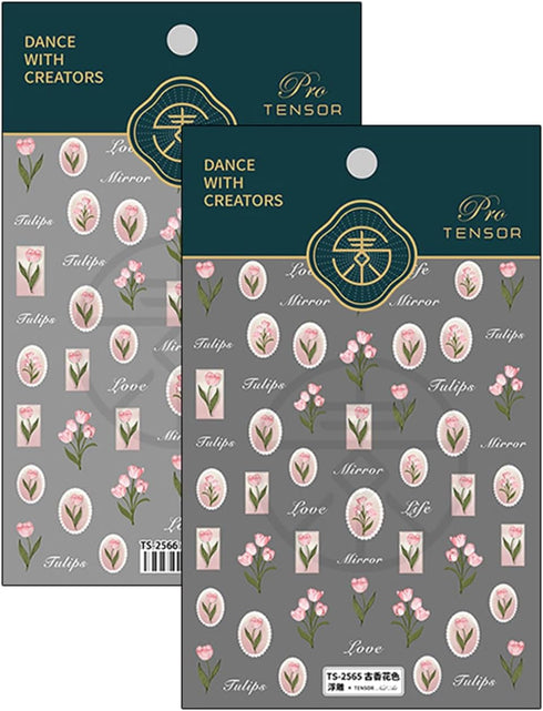 5D Embossed Flower Nail Art Stickers Spring Tulip Nail Decals for Nail Art Decoration, Self Adhesive Pink Tulip Nail Art Supplies Elegant Tulip De...