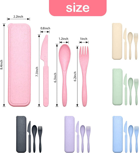 Reusable Travel Utensils Set with Case, 6 Sets Wheat Straw Portable Knife Fork Spoons Cutlery, Eco-Friendly BPA Free Plastic Tableware for Kids Ad...