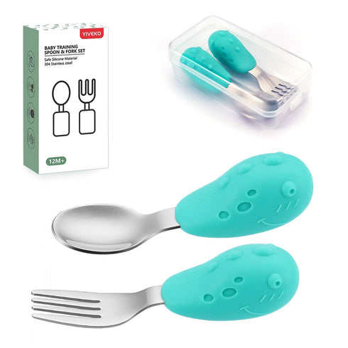 Baby Fork and Spoon Set with Carry Case Baby Training Utensils Self Feeding Toddler Silverware Silicone and Stainless Steel Kids and Toddler Utens...