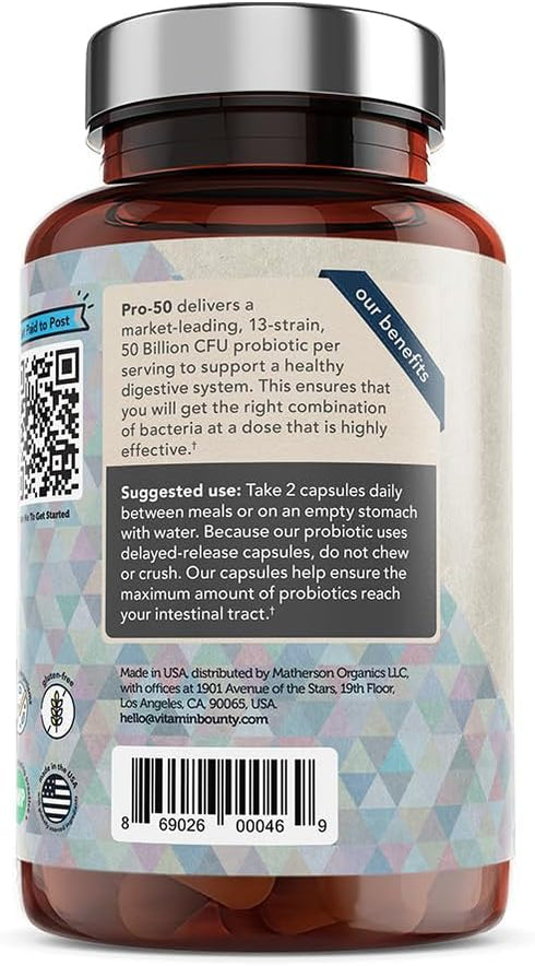 Vitamin Bounty Pro-50 Probiotic - 50 Billion Organisms and 13 Probiotic Strains That Promote Gut Health, Digestive Health Probiotic, Delayed Relea...