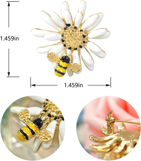 Gyn&Joy Golden Tone White Yellow Painted Enamel Bee Daisy Flower Collar Brooch Pin For Women...