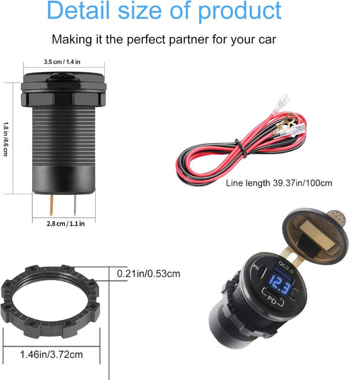 Dual USB Quick Charge 3.0 Port & PD USB C Car Charger Socket, 12V USB Outlet with Voltmeter and Power Switch for Car Boat Marine Truck......