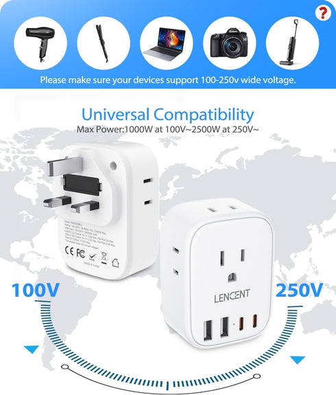 LENCENT US to UK Ireland Travel Plug Adapter, Grounded Type G Outlet Adaptor with 4 USB Charger(2 USB C), 4 Outlets Converter for USA to Dubai Sco...