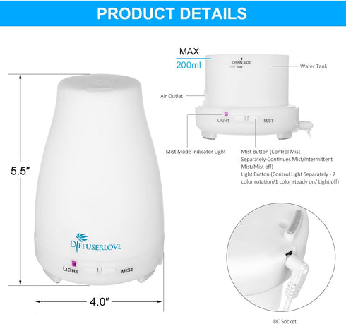 Diffuserlove Essential Oil Diffusers 200ML Remote Control Ultrasonic Mist Humidifiers BPA-Free Aromatherapy Diffuser with 7 Color Lights, Auto Shu...