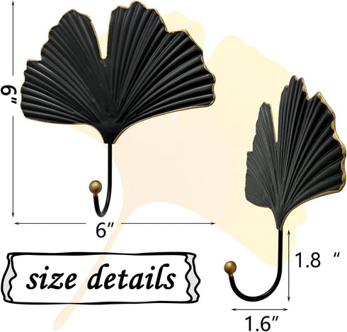 Iron Single Hooks Modern Leaf Decoration Style for Room Wall Mounted Decoration, Coats, Hats, Handbags Scarves Hanging, Home Decor 2pcs (6in Black...
