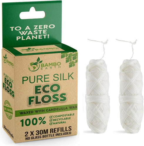 Biodegradable Mint Dental Tooth Lace Floss - 2X Refillable Flossers - 100% Organic Natural and Compostable Teeth Silk Spool - Waxed with Candelill...