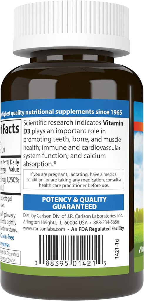 Carlson - Vitamin D3, 10000 IU (250 mcg), Vitamin D Supplements, Bone & Immune Support, Vitamin D3 Softgels, Heart Health, Gluten Free Vitamin D C...