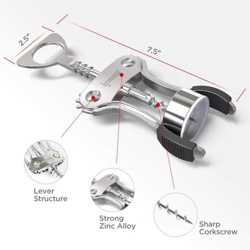 IPOW Wine Opener, Zinc Alloy Wine Bottle Opener, Wing Corkscrew Heavy Duty, Manual Multifunctional Cork Screw for Waiter, Silver...