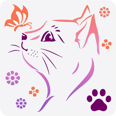 FINGERINSPIRE Cat Stencil 11.8x11.8inch Square Painting Stencil Cat Head Stencil Butterfly Template Cat Paw Stencil Washable Drawing Template for ...