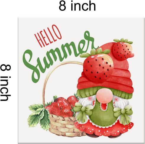 Summer Strawberry Gnome Canvas Wall Art Framed Print 8x8 Inch Hello Summer Poster Painting Desk Sign Home Kitchen Decor...