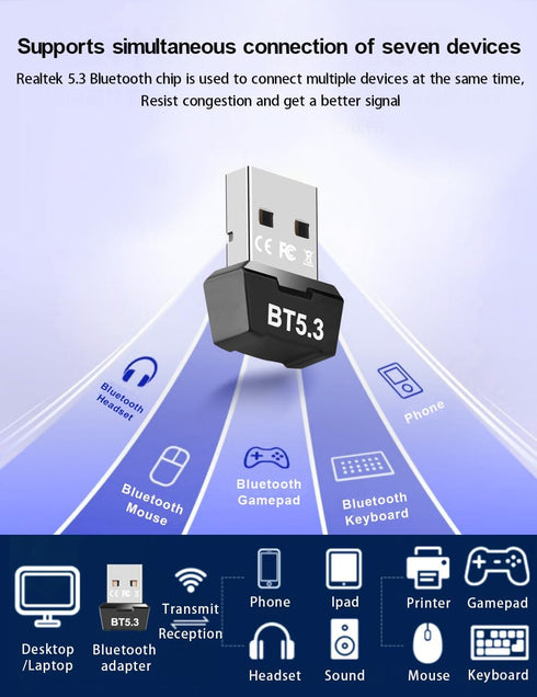 USB Bluetooth 5.3 Adapter for PC, Supports Windows 11/10/8.1/7,5.3+EDR Bluetooth Wireless Transmitter Receiver for Desktop, Laptop, Mouse, Keyboar...