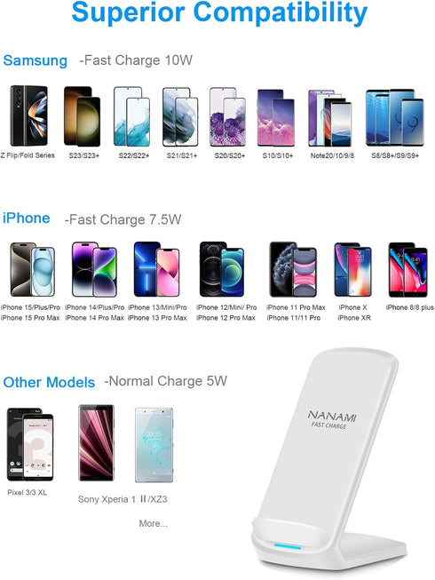 NANAMI Upgraded Fast Wireless Charger, Qi-Certified Wireless Charging Stand for iPhone 15/15 Plus/15 Pro 15 Pro Max/14/14 Pro/13/12/12 Pro & Qi Ch...