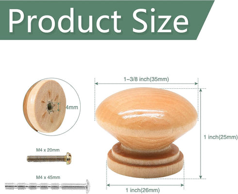 15PCS Round Wood Drawer Knobs, 1-3/8 inch Diameter Mushroom Knobs Wooden Cabinet Pulls Handles with Mounting Screws for Furniture - Wood Grain...