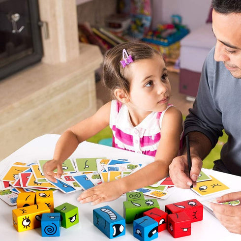 Wooden Expressions Matching Block Puzzles Building Cubes Toy Borad Games Educational Montessori Toys for Kids Ages 3 Years and Up...
