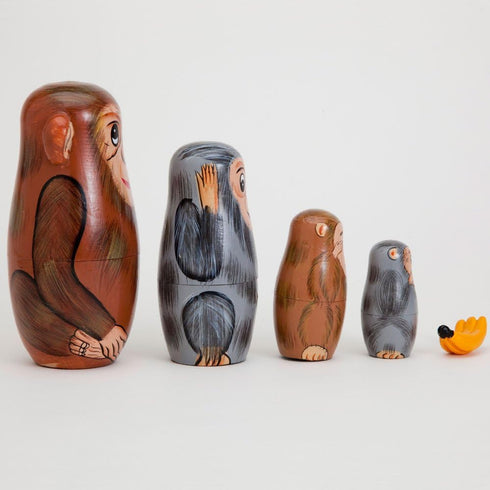 Bits and Pieces - Nesting Monkeys - Hand Painted Wooden Nesting Dolls - Matryoshka - Set of 5 Dolls from 6" Tall...