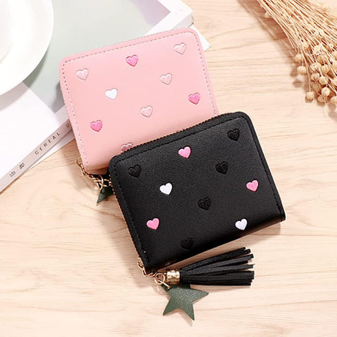 PU Leather Purse Wallet with Star Pendant Womens Credit Card Holder Small Purses with Card Slots Zipper Coin Purse with Embroidery Heart Pink...