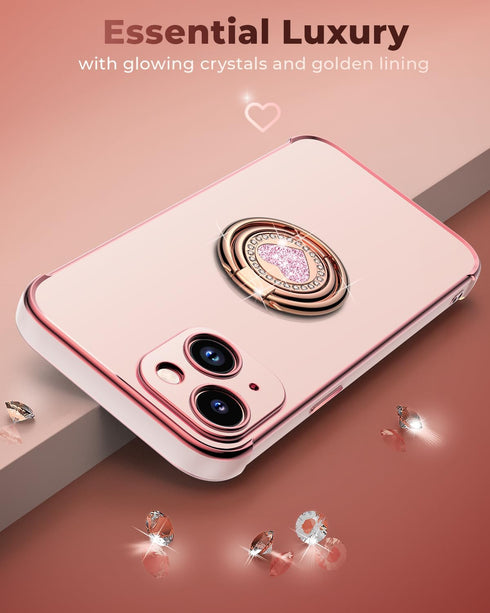 XYZ for iPhone 14 Case with Stand, Phone Case with Double Ring Kickstand, Women Girls Bling Luxury Protective Case Heart for iPhone 14, Pink...