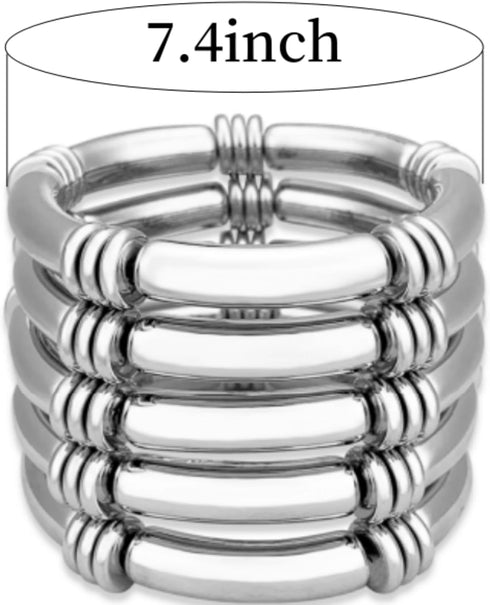 YBMYCM 5PCS Gold Chunky Bangles Bracelets for Women Gold Plated Stackable Layered Curved Bamboo Tube Stretch Bracelets Bangle Gift Jewelry...