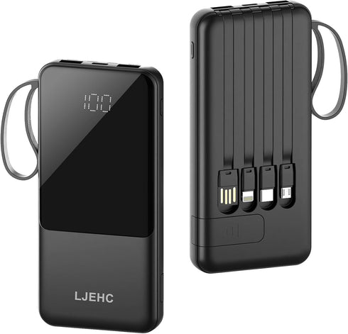 Portable Charger with Built in Cables,10000mAh Slim USB C Power Bank,5 Output 3 Input LED Display High Speed External Battery Pack Travel Phone Ch...