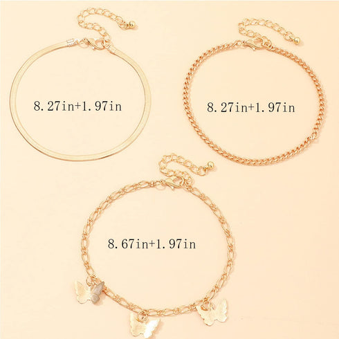 3Pcs Cuban Link Ankle Bracelet Set for Women Gold Plated Stainless Steel Butterfly Snake Chain Anklets Layered Butterfly Chain Anklet for Summer B...