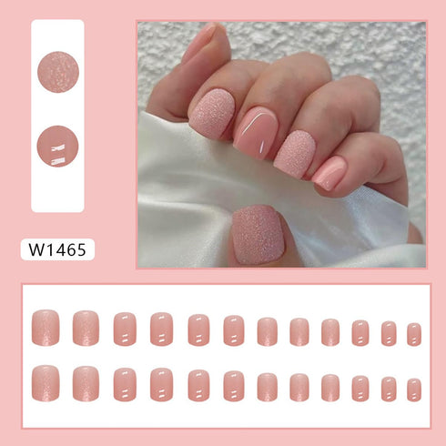 24Pcs Pink Press on Nails Short Square Fake Nails Pink Glitter Full Cover Artificial Nails Glue on Nails Nude Glossy Designs Nails Art Supplies Co...
