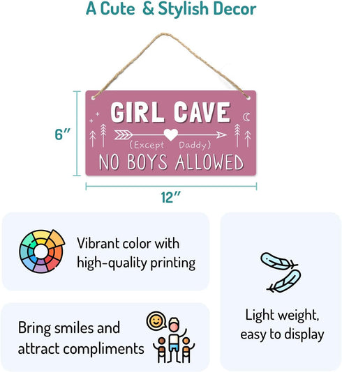Girl Cave Sign, Teen Girls Room Decor, 12 * 6 Wall Hanging Decoration, Girls Only No Boys Allowed Except Daddy for Little Girls Bedroom...
