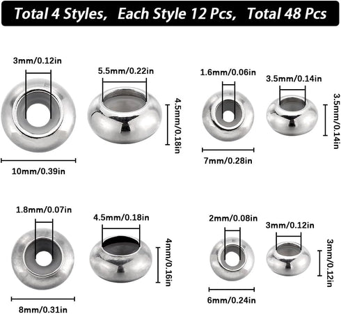 SUNNYCLUE 1 Box 48Pcs Stainless Steel Slider Beads 4 Sizes Stoppers Beads with Rubber O Rings Inside Rondelle Beads Stoppers Round Silicone Spacer...