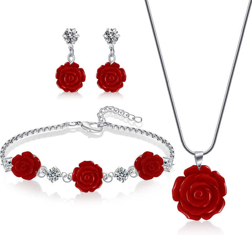 Fiada 1 Set Resin Rose Jewelry Red Necklaces with Diamond Flower Vintage Jewelry Dangle Necklace and Earring Sets for Women Rose Earrings Pendent ...