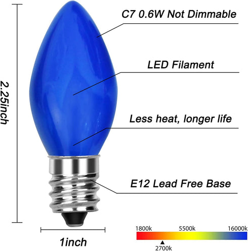 25 Pack C7 LED Christmas Lights Replacement Bulbs,Ceramic Multicolor Christmas Light Bulbs 0.6Watt Dimmable E12 LED Replacement Bulbs for Christma...
