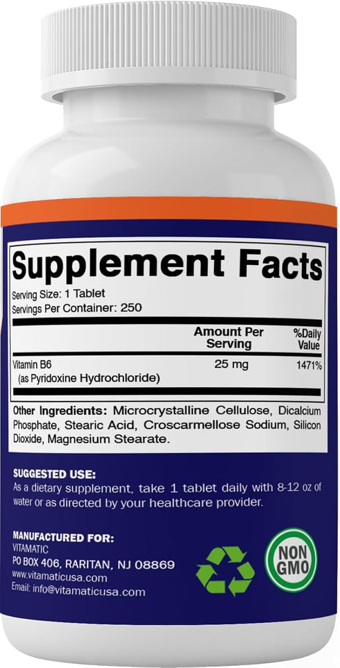 Vitamatic Vitamin B6 (Pyridoxine HCI), 25 mg 250 Vegetarian Tablets - Promotes Energy Production, boosts Metabolism and Immune Health Support...