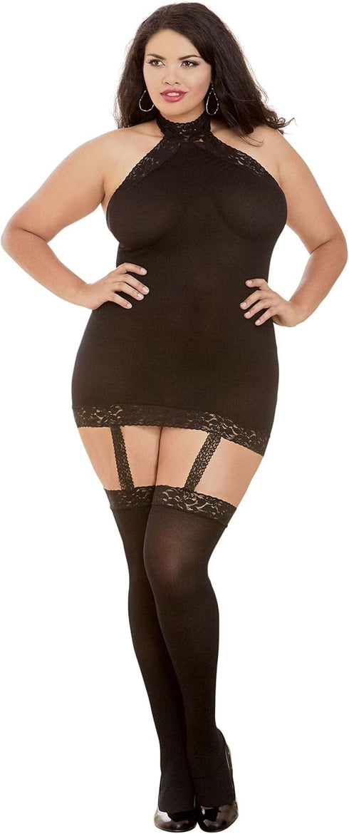 Dreamgirl Women's Plus Size Sexy Fashion Lingerie, Semi-Sheer Halter Garter Dress with Thigh High Stockings, Black, One Size...