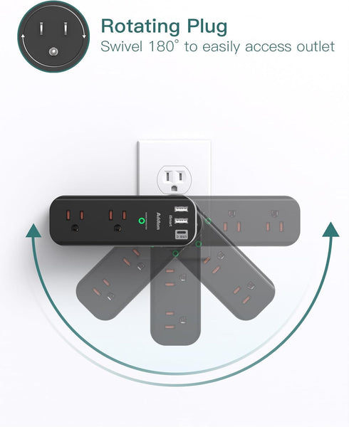 Surge Protector Outlet Extender - with Rotating Plug, 6 AC Multi Plug Outlet with 3 USB Ports, 1800J Wall Charger, 3-Sided Power Strip with Spaced...