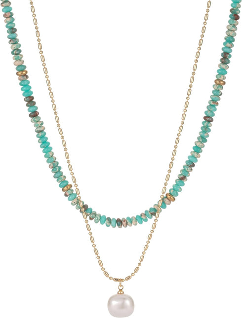 2Pcs Beaded Gemstone Layered Necklace for Women Colorful Boho Bead Choker Necklace Natural Stone Freshwater Pearl Surfer Beach Necklace 14K Gold P...