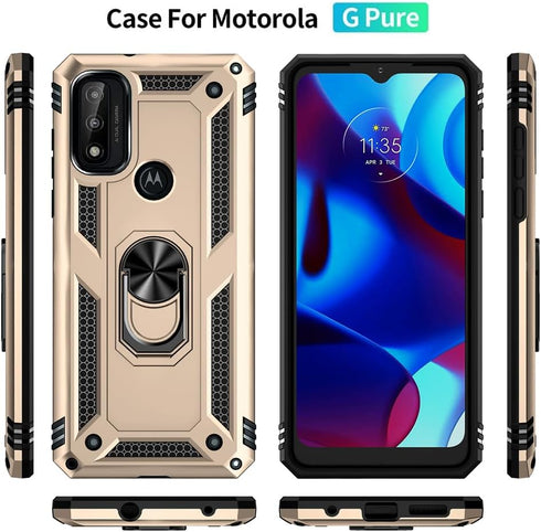 for Moto G Pure Phone Case, Moto G Power 2022 Case with HD Screen Protector, Military Grade Protective Cases with Ring for Moto G Pure (Golden)...
