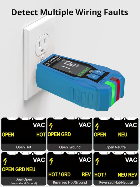 Tilswall W140 GFCI Outlet Tester with Color LCD Display, Receptacle Tester for Standard 3-Wire 120V Electrical Receptacles, Detects Common Wiring ...