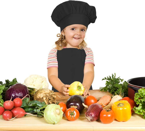 Kids Apron and Chef Hat Set, Adjustable Cotton Child Aprons with Large Pocket Black Girls Boys Kitchen Bib Aprons for Cooking Baking Painting...