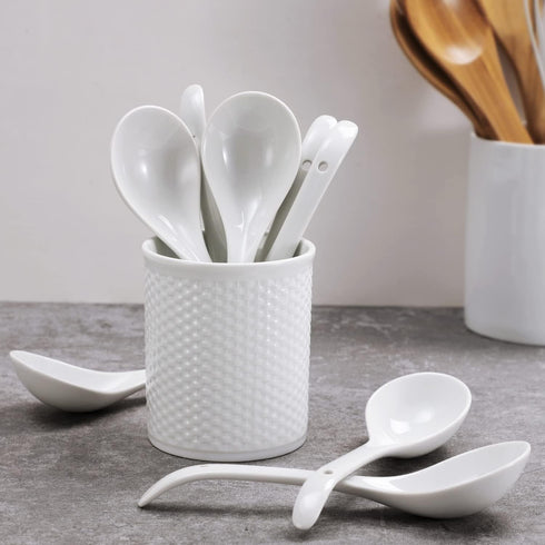 Porcelain Mini Size Ladles, 9 inch Large Soup Spoons, 6 Pieces Premium White Porcelain Spoons, Ladles for Stews, Chinese Noodles Spoons, Long Ladl...