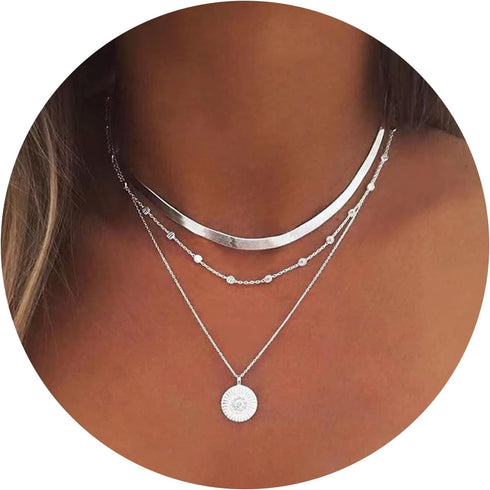 Multi-layered Snake Chain Necklace for Women Silver Coin Pendant Choker Necklace Metal Bead Chain with Dainty Boho Choker Body Jewelry for Womens ...