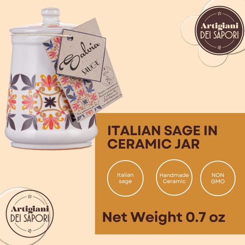 Dried Ground Sage in Italian Handmade Ceramic Jar, Herb, Spice & Seasoning Gifts, Spice Jars with Spices included, Artigiani dei Sapori, Product o...