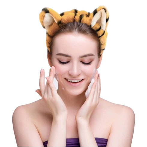 2 PCS Women Animal Ear Tiger Print Fuzzy Hairband Makeup Headband Elastic Stretch Head Wrap for Skincare Spa...